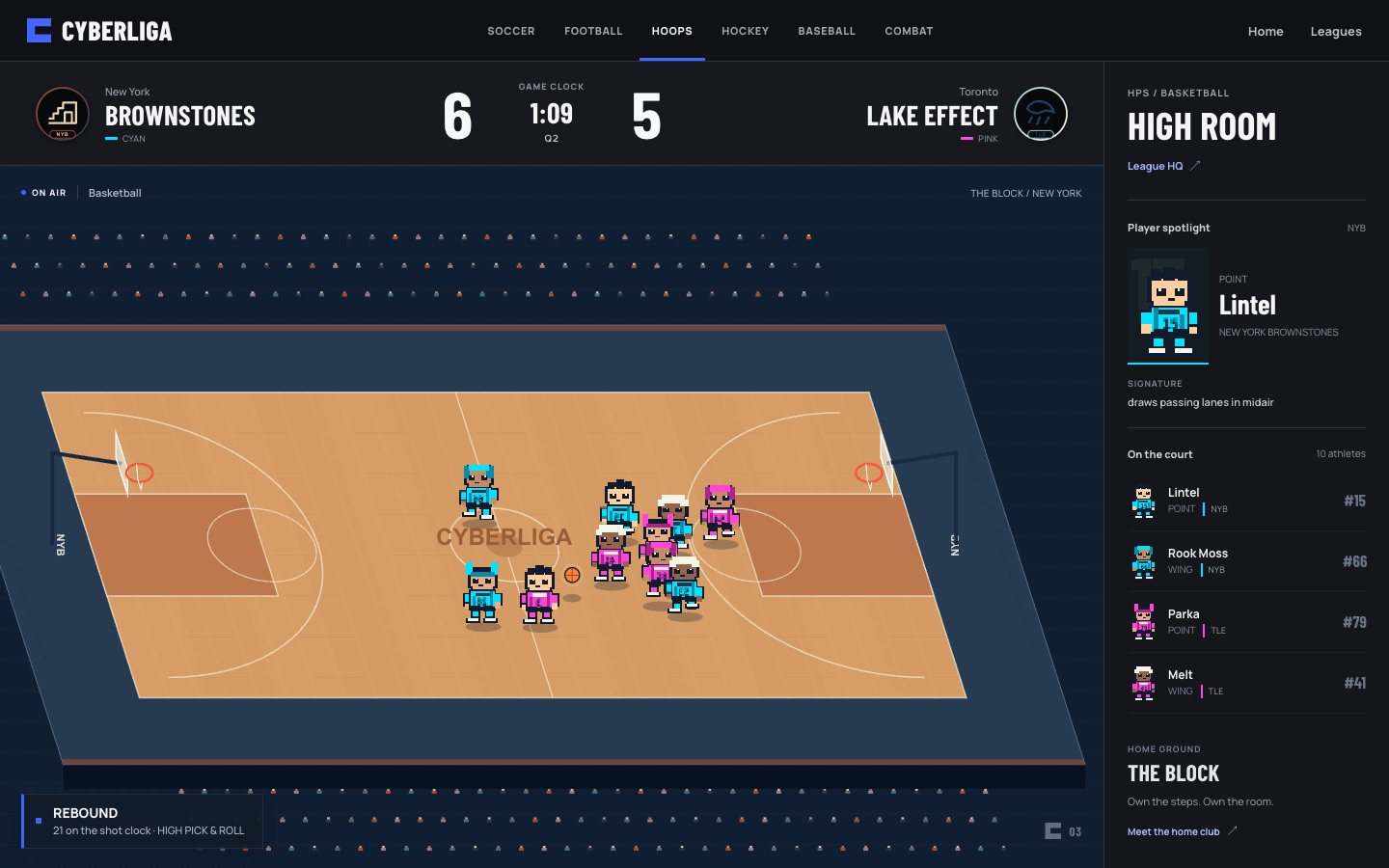 Cyberliga pixel basketball match simulated live in the browser