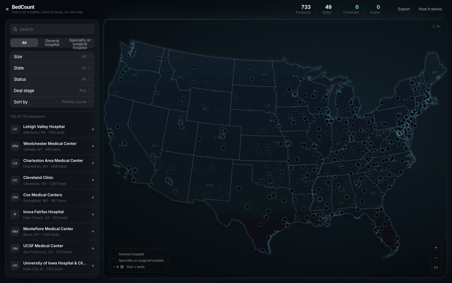 Interactive hospital prospecting map with filters and ranked prospects