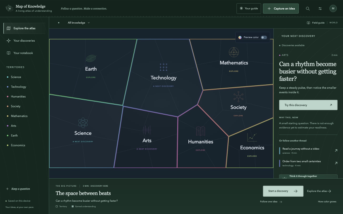 Map of Knowledge with eight territories of learning on an illustrated interactive map