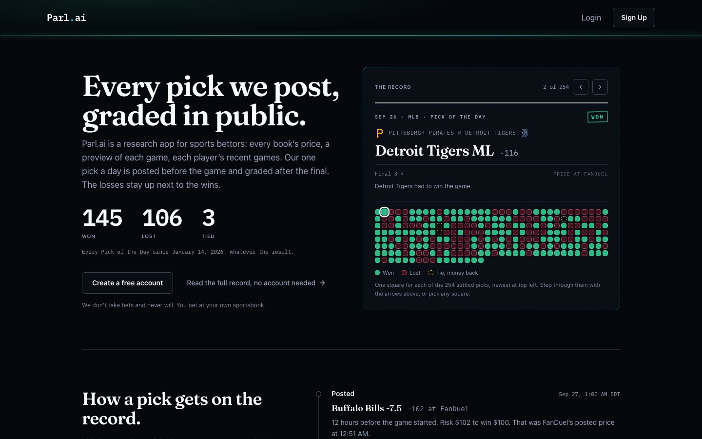 Parl.ai sports research app and public pick record