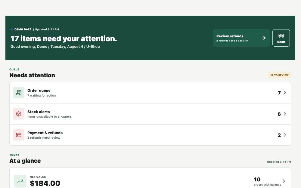 UShop staff console with order queues, stock alerts and refunds using demo data